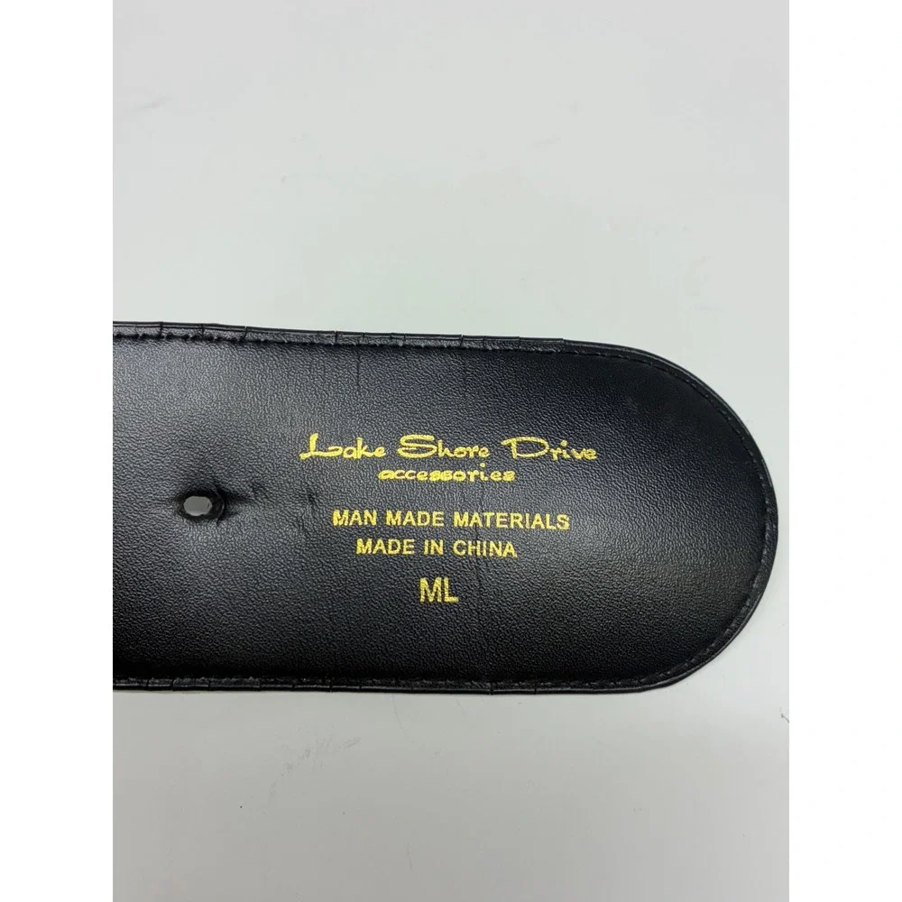 Lake Shore Drive Belt Womens ML Black Elastic Ostrich Print Ornate Brass Buckle